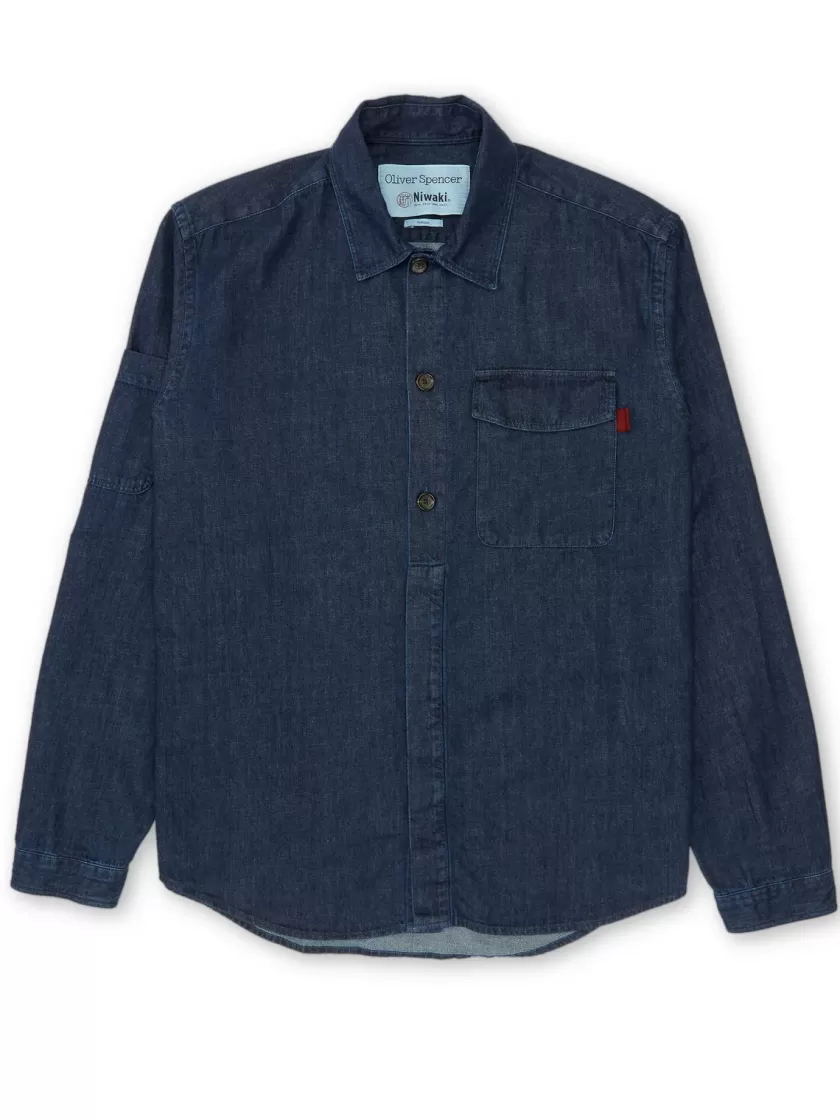 Oliver Spencer X Niwaki Haru Gardening Overshirt Mullins Denim Indigo Rinse Fashion